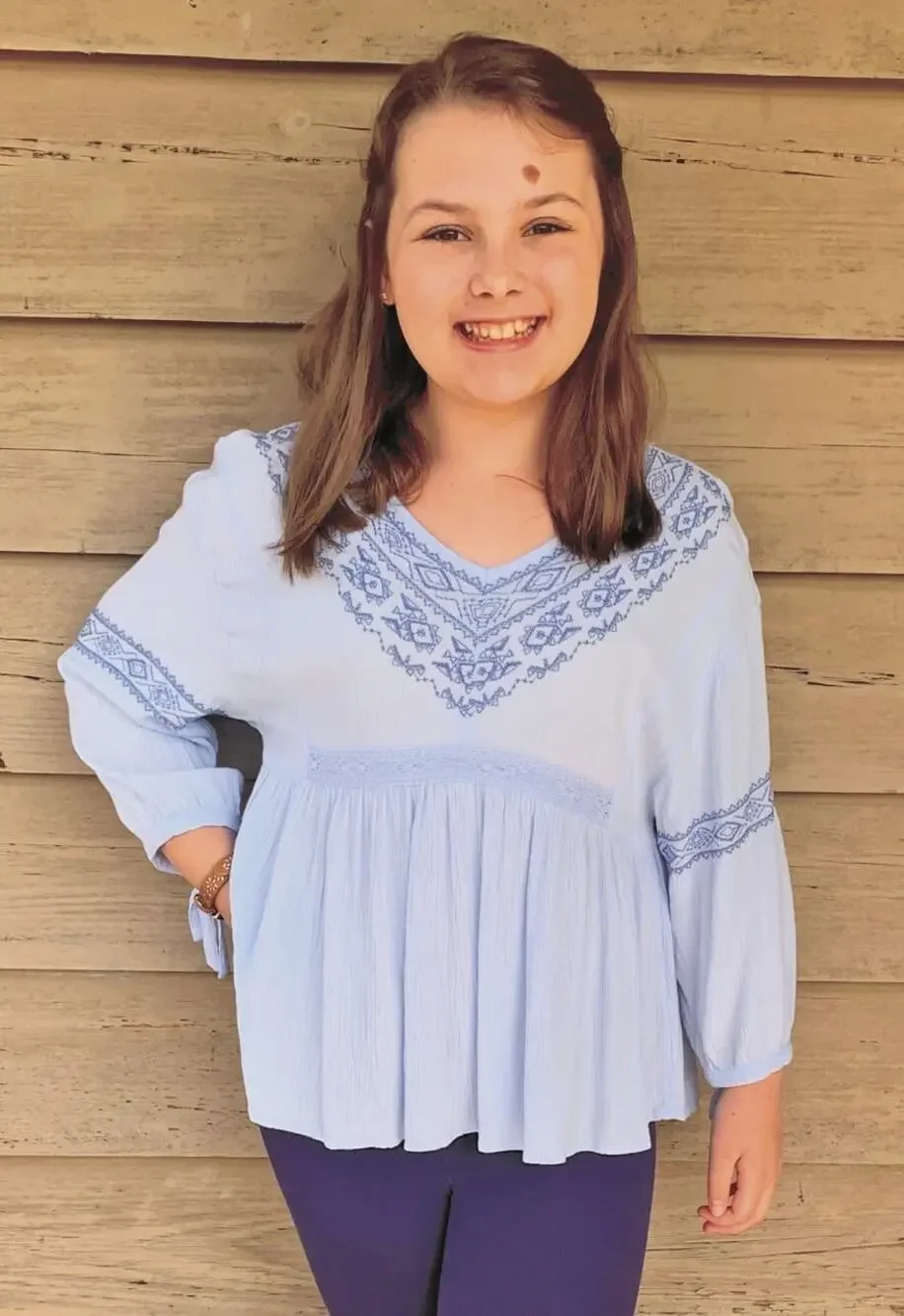 Justice Girls Blue Embroidered Long Sleeve Top Youth Size 12